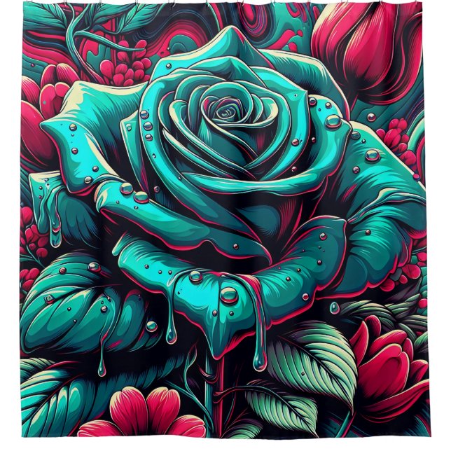 “Stylised Blue Rose with Raindrops" Shower Curtain (Front)
