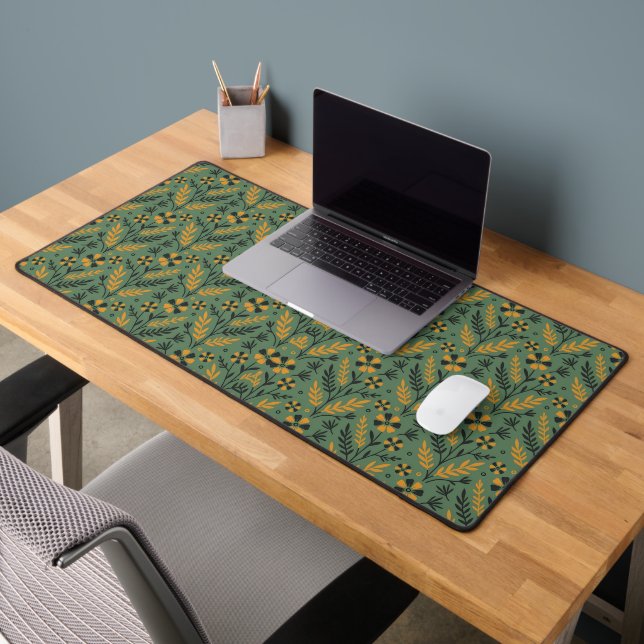 Stylised botanical orange and black floral pattern desk mat (Office 2)