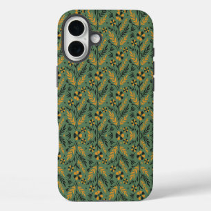 Stylised botanical orange and black floral pattern iPhone 16 plus case