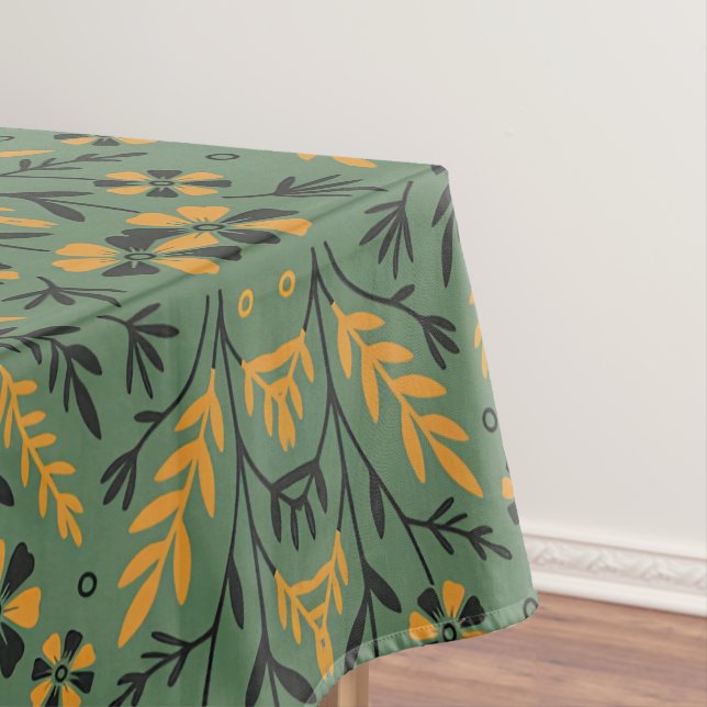 Stylised botanical orange and black floral pattern tablecloth (In Situ)