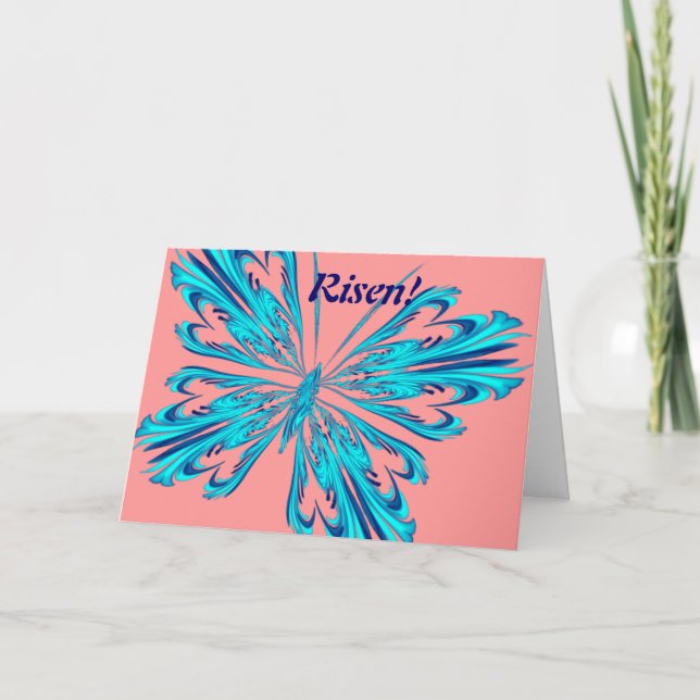 Stylised butterfly in aqua blue holiday card (Front)