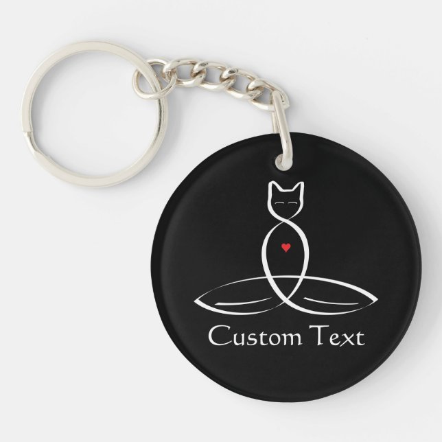 Stylised Cat Meditator with customisable text Key Ring (Front)