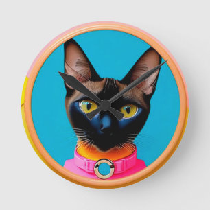 Stylised Cat Portrait With Bold Colours Round Clock