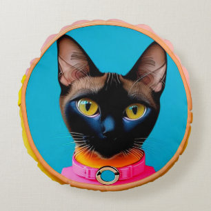 Stylised Cat Portrait With Bold Colours Round Cushion