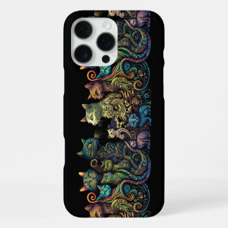 Stylised Cat Tribe Colours on Black Frieze iPhone 16 Pro Max Case