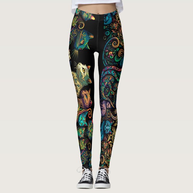 Stylised Cat Tribe Colours on Black Frieze Leggings (Front)