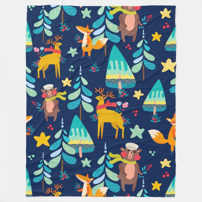 Stylised Christmas animals & trees pattern Fleece Blanket (Front)