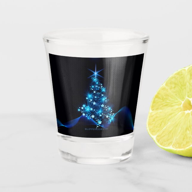 stylised Christmas tree SlipperyJoe glowing blue s Shot Glass (Front)
