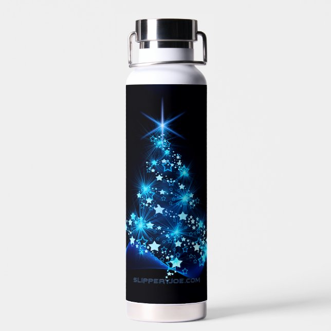 stylised Christmas tree SlipperyJoe glowing blue s Water Bottle (Back)