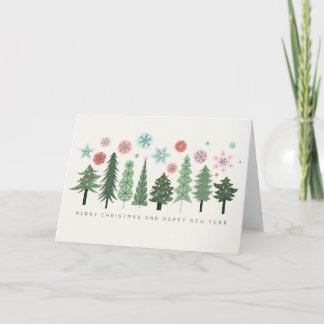 Stylised Christmas Trees and Snowflakes Holiday Card