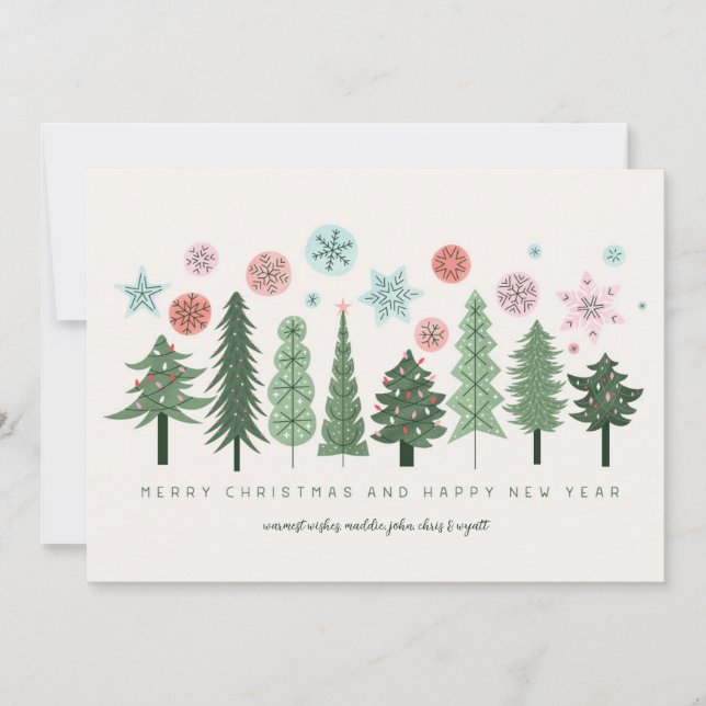 Stylised Christmas Trees and Snowflakes Holiday Card (Front)
