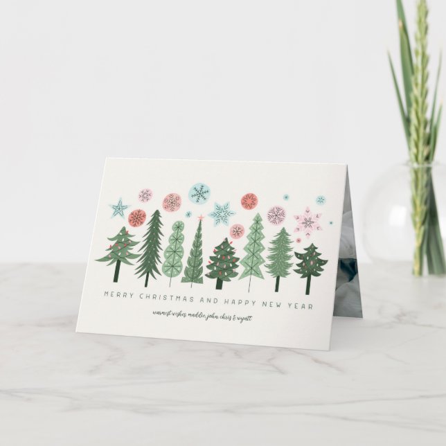 Stylised Christmas Trees and Snowflakes Holiday Card (Front)