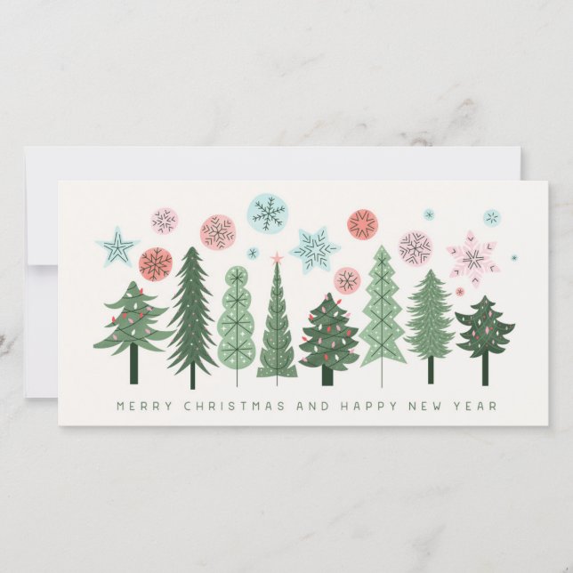 Stylised Christmas Trees and Snowflakes Holiday Card (Front)