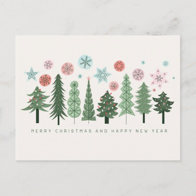 Stylised Christmas Trees and Snowflakes Holiday Postcard (Front)