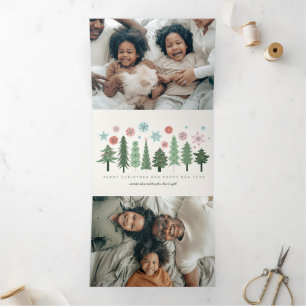Stylised Christmas Trees and Snowflakes Tri-Fold Holiday Card