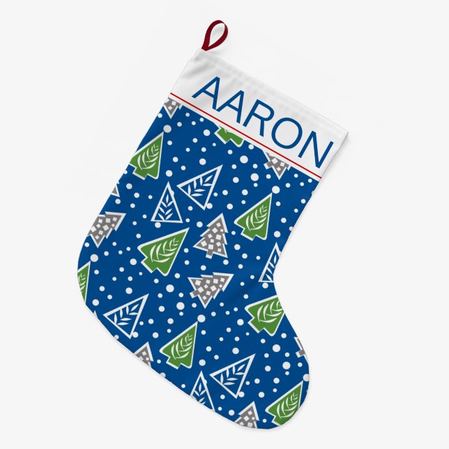 Stylised Christmas trees pattern blue with name Large Christmas Stocking (Front (Hanging))