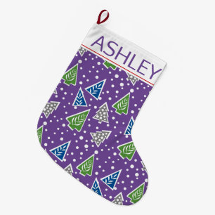Stylised Christmas trees pattern purple and name Large Christmas Stocking