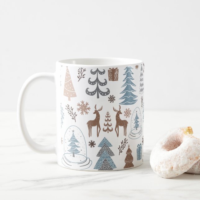Stylised Christmas Trees Wreath Reindeer Snowflake Coffee Mug (With Donut)