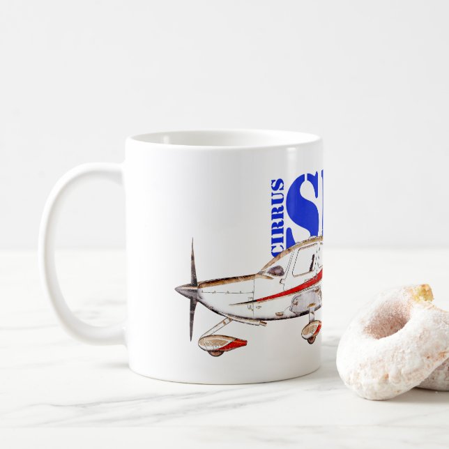 Stylised Cirrus SR22 Plane with Bold Typography Coffee Mug (With Donut)