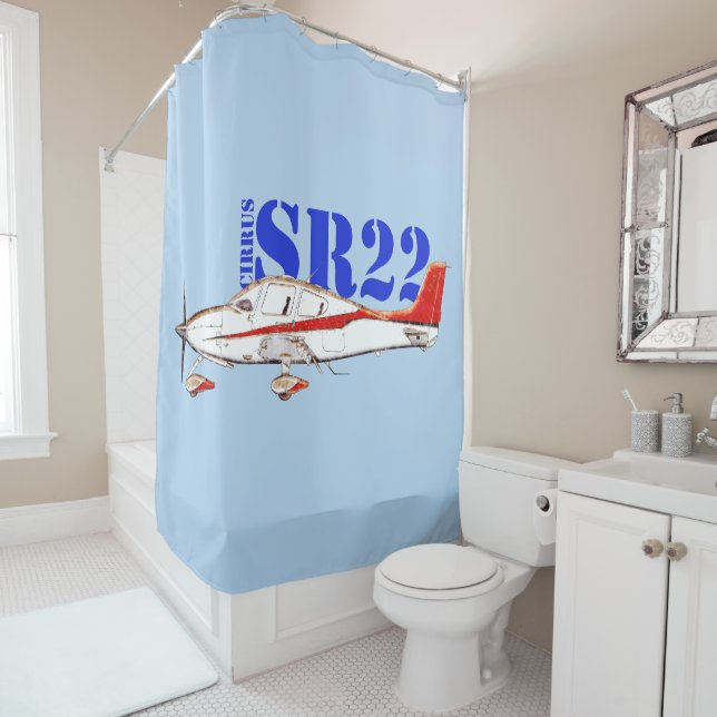Stylised Cirrus SR22 Plane with Bold Typography Shower Curtain (In Situ)