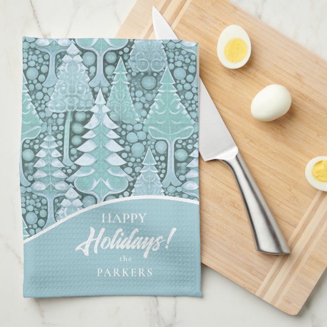 Stylised Coastal Christmas Trees Pattern#6 ID1009 Tea Towel (Quarter Fold)