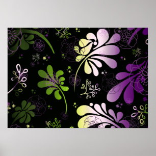 Stylised colourful leaves and flowers on black  poster