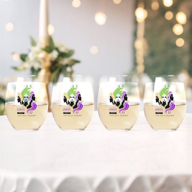 Stylised Colourful Trio of Women IWD 2025 Stemless Wine Glass (Insitu (Wedding))