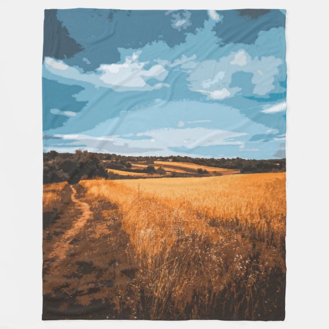 Stylised Countryside Road Golden Summer Fleece Blanket (Front)