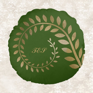 Stylised Curled Spiral Fern on Gold Against Green Round Cushion
