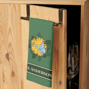 Stylised Dandelion Butterfly Custom Name Green Tea Towel
