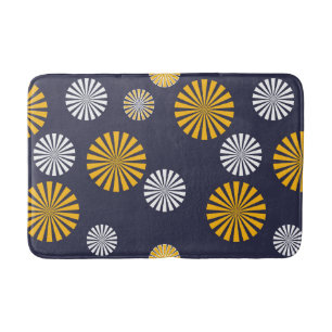 Stylised dandelions, navy blue, yellow, white bath mat