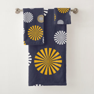 Stylised dandelions, navy blue, yellow, white bath towel set