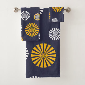Stylised dandelions, navy blue, yellow, white bath towel set