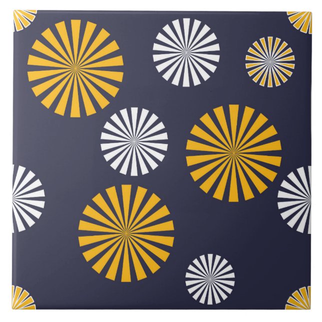 Stylised dandelions, navy blue, yellow, white ceramic tile (Front)