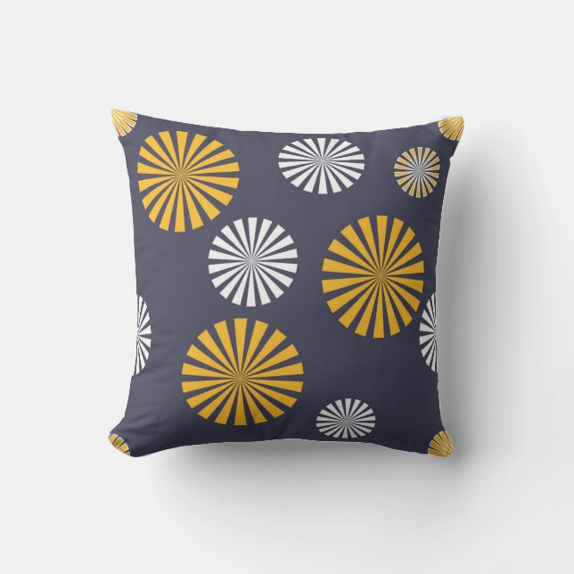 Stylised dandelions, navy blue, yellow, white cushion (Front)