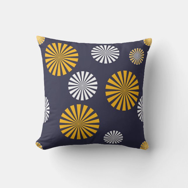 Stylised dandelions, navy blue, yellow, white cushion (Front)