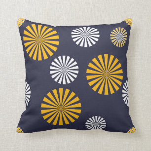 Stylised dandelions, navy blue, yellow, white cushion