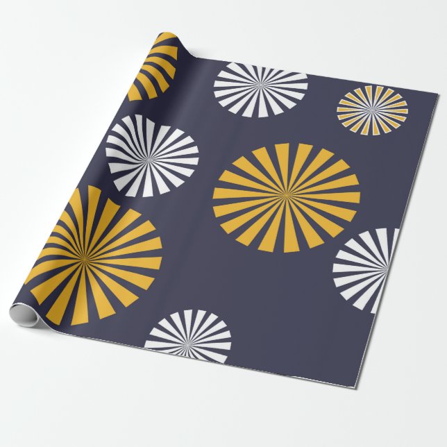 Stylised dandelions, navy blue, yellow, white wrapping paper (Unrolled)