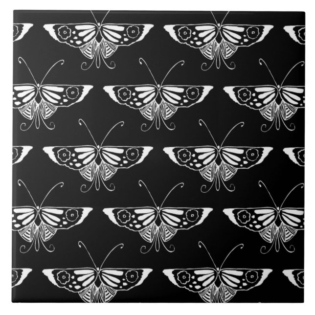 Stylised Deco butterfly  - black and white Tile (Front)