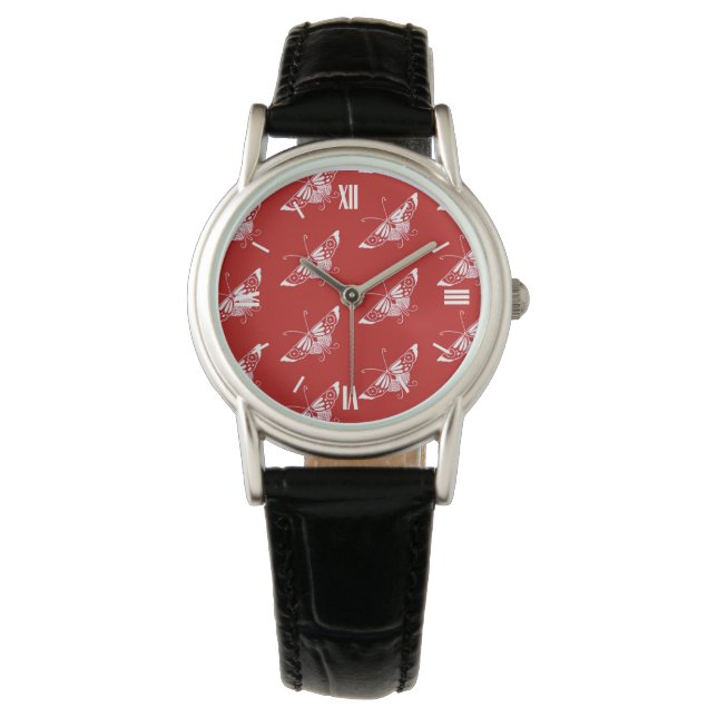 Stylised Deco butterfly  - Chinese red Watch (Front)