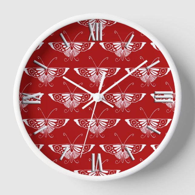 Stylised Deco butterfly  - dark red and white Wall Clock (Front)