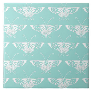 Stylised Deco butterfly - ice blue Tile