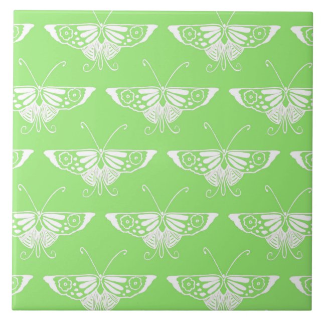 Stylised Deco butterfly  - lime green Ceramic Tile (Front)