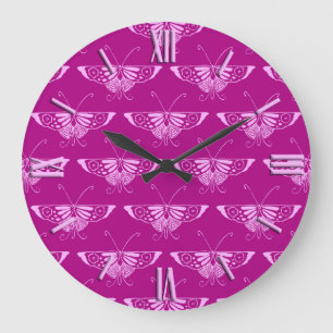 Stylised Deco butterfly  - magenta and pink Large Clock