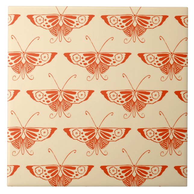 Stylised Deco butterfly  - mandarin orange Ceramic Tile (Front)