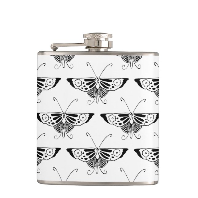 Stylised Deco butterfly  - white and black Hip Flask (Front)