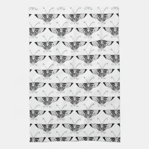 Stylised Deco butterfly - white and black Tea Towel