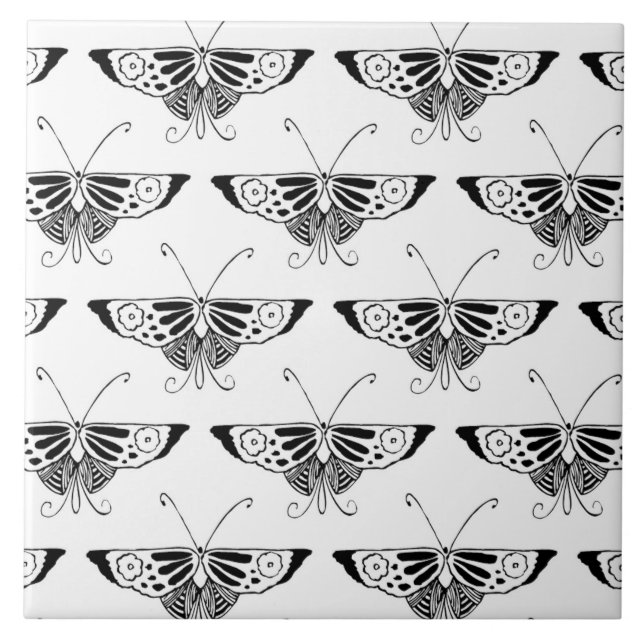 Stylised Deco butterfly  - white and black Tile (Front)