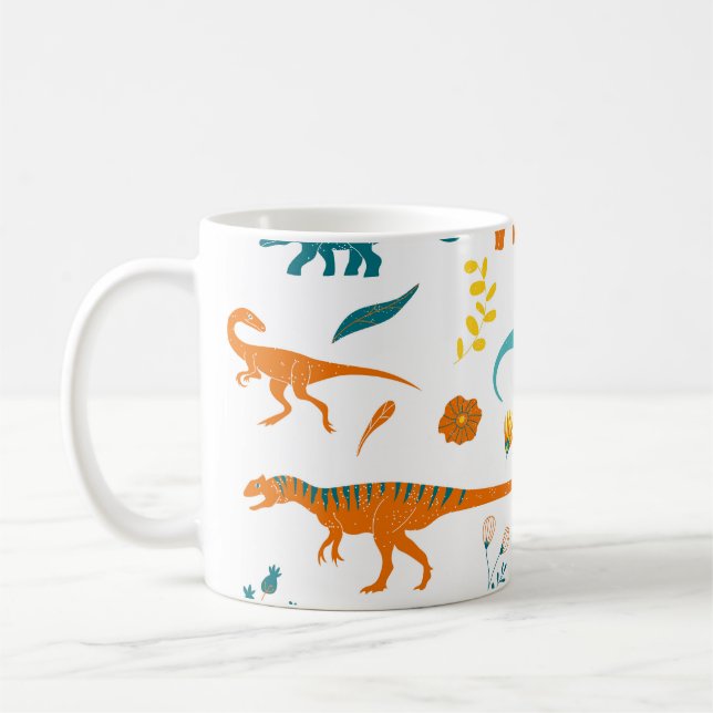Stylised dinosaurs, floral elements, cute. coffee mug (Left)