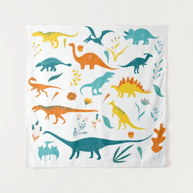 Stylised dinosaurs, floral elements, cute. tapestry (Front)